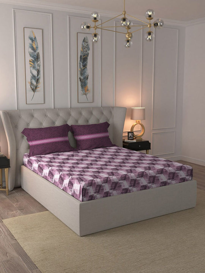 MYTRIDENT Taupe  White Geometric Pure Cotton 144 TC Queen Bedsheet With 2 Pillow Covers