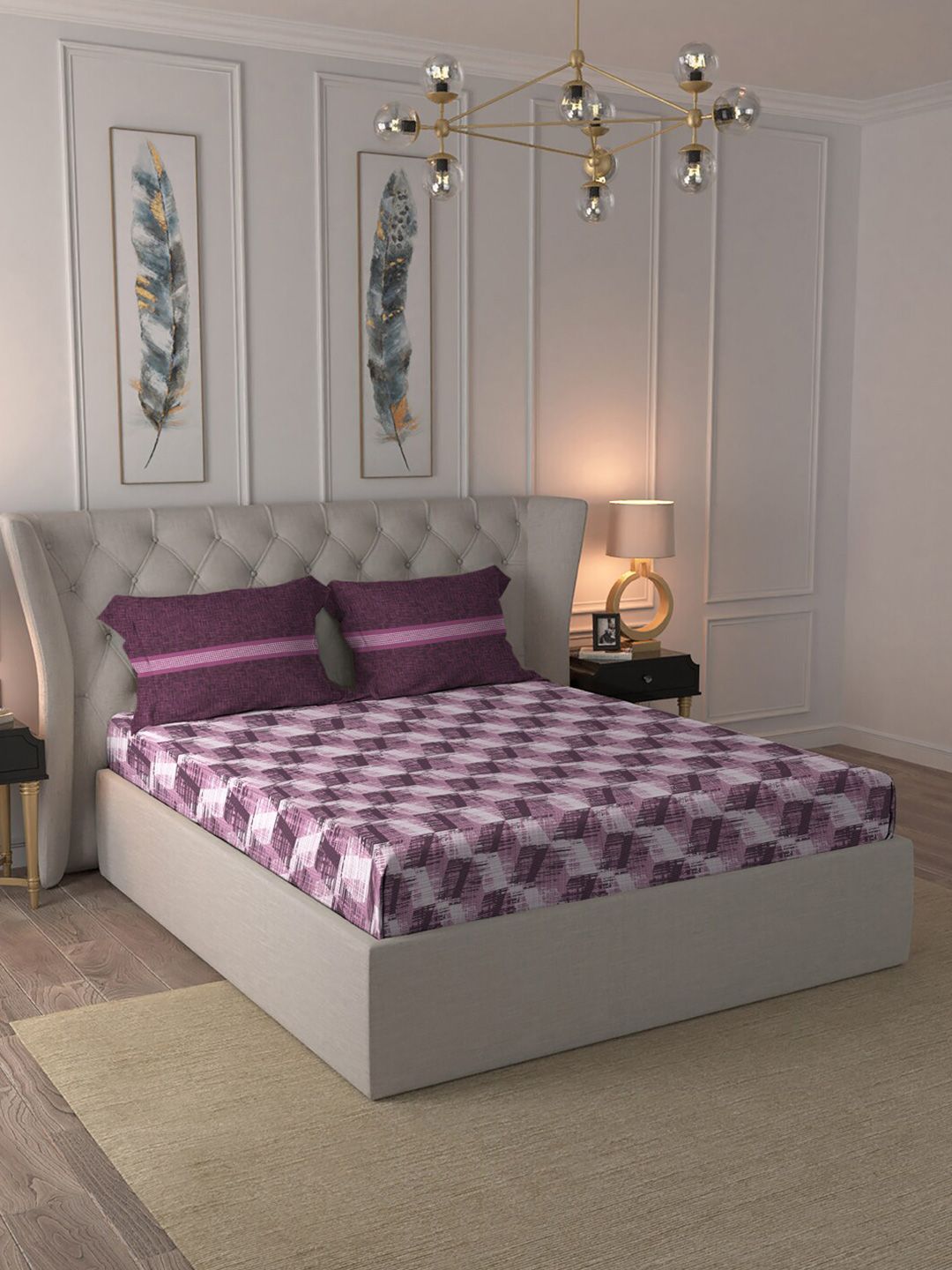 MYTRIDENT Taupe  White Geometric Pure Cotton 144 TC Queen Bedsheet With 2 Pillow Covers