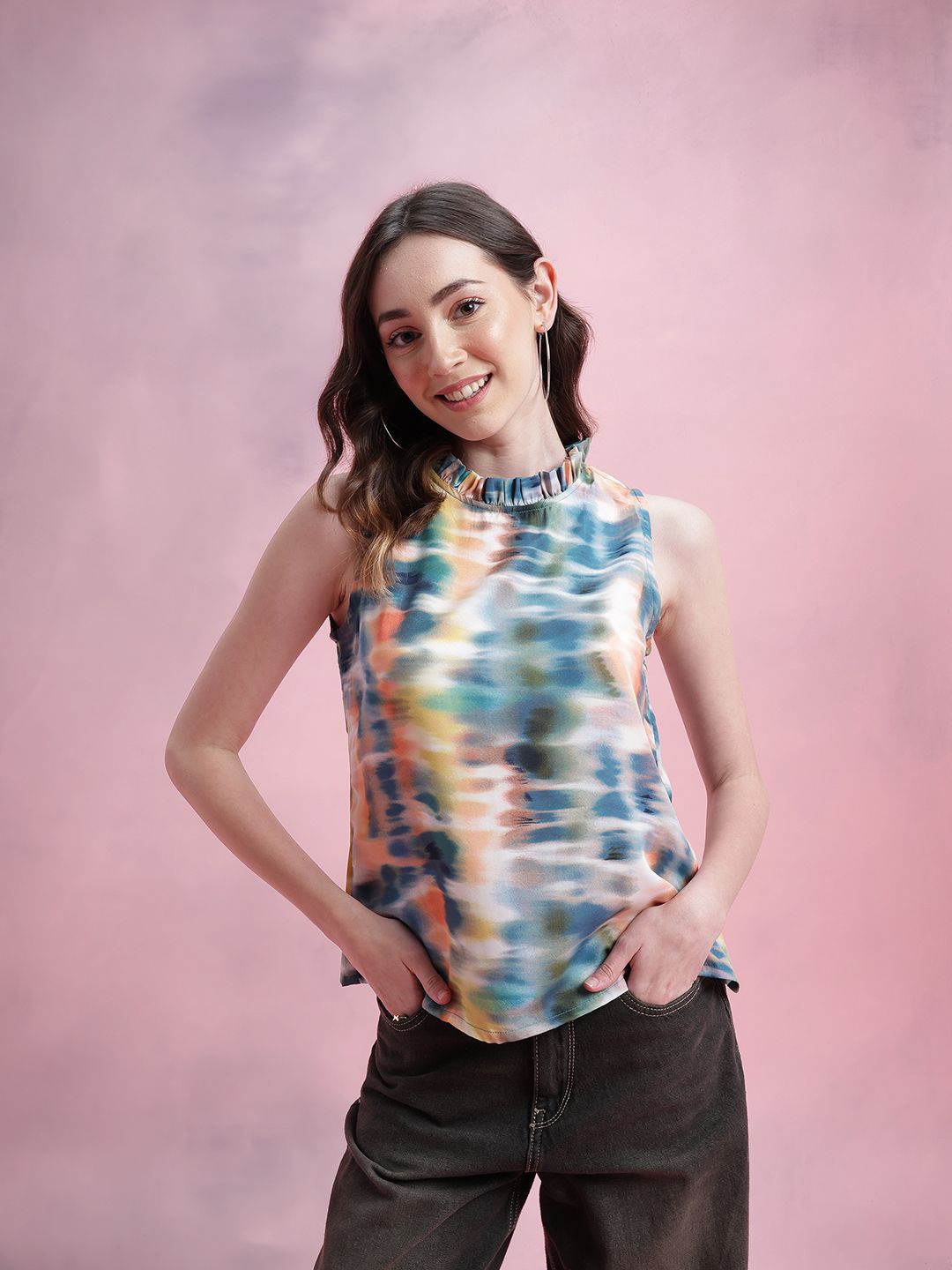 DressBerry Abstract Print Ruffled Detail Top