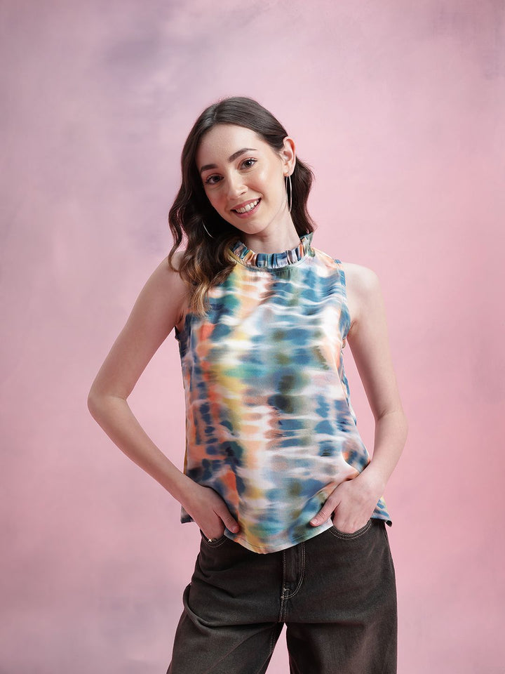 DressBerry Abstract Print Ruffled Detail Top