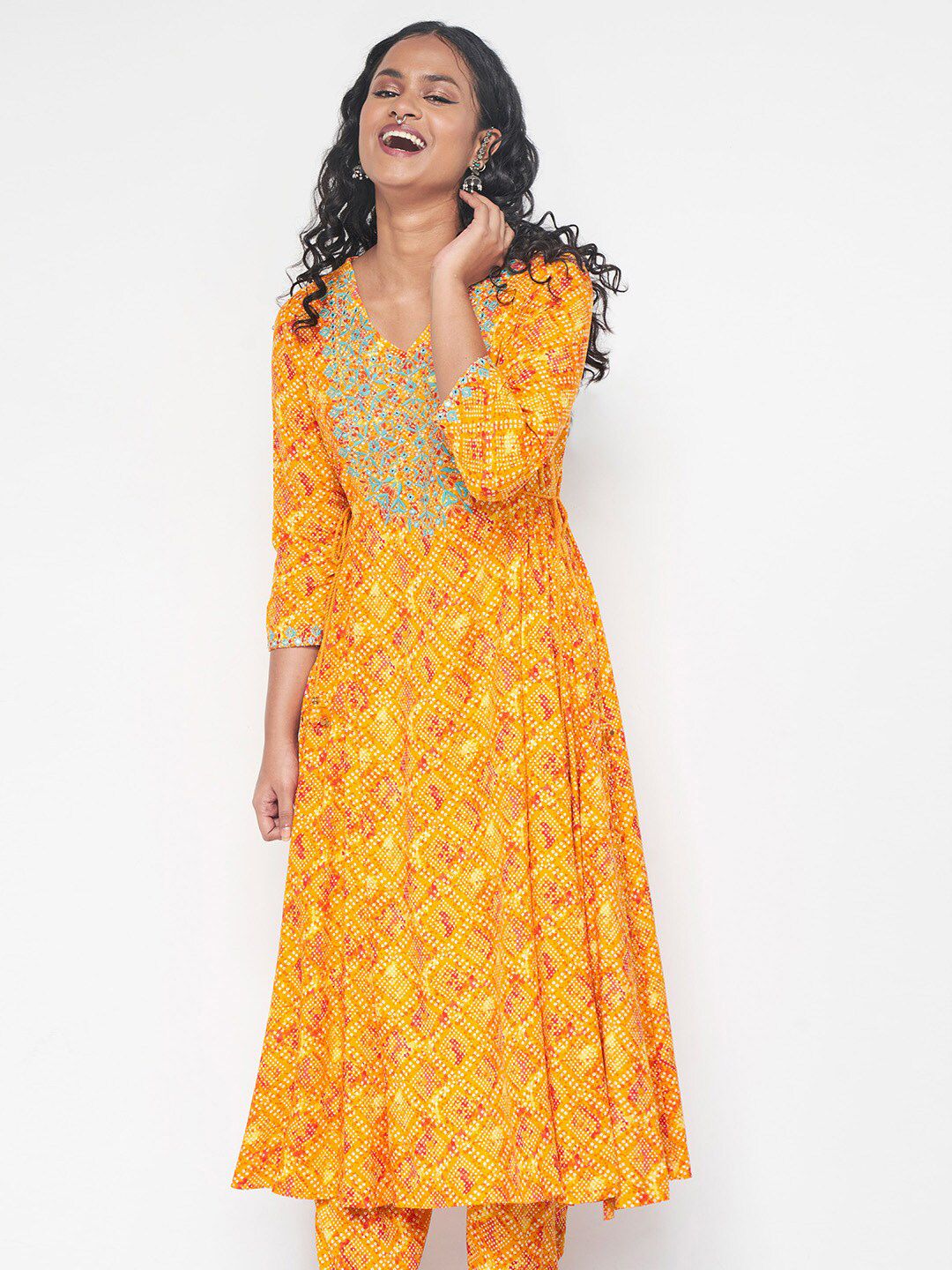 Global Desi Bandhani Printed Thread Work Kurta with Trousers