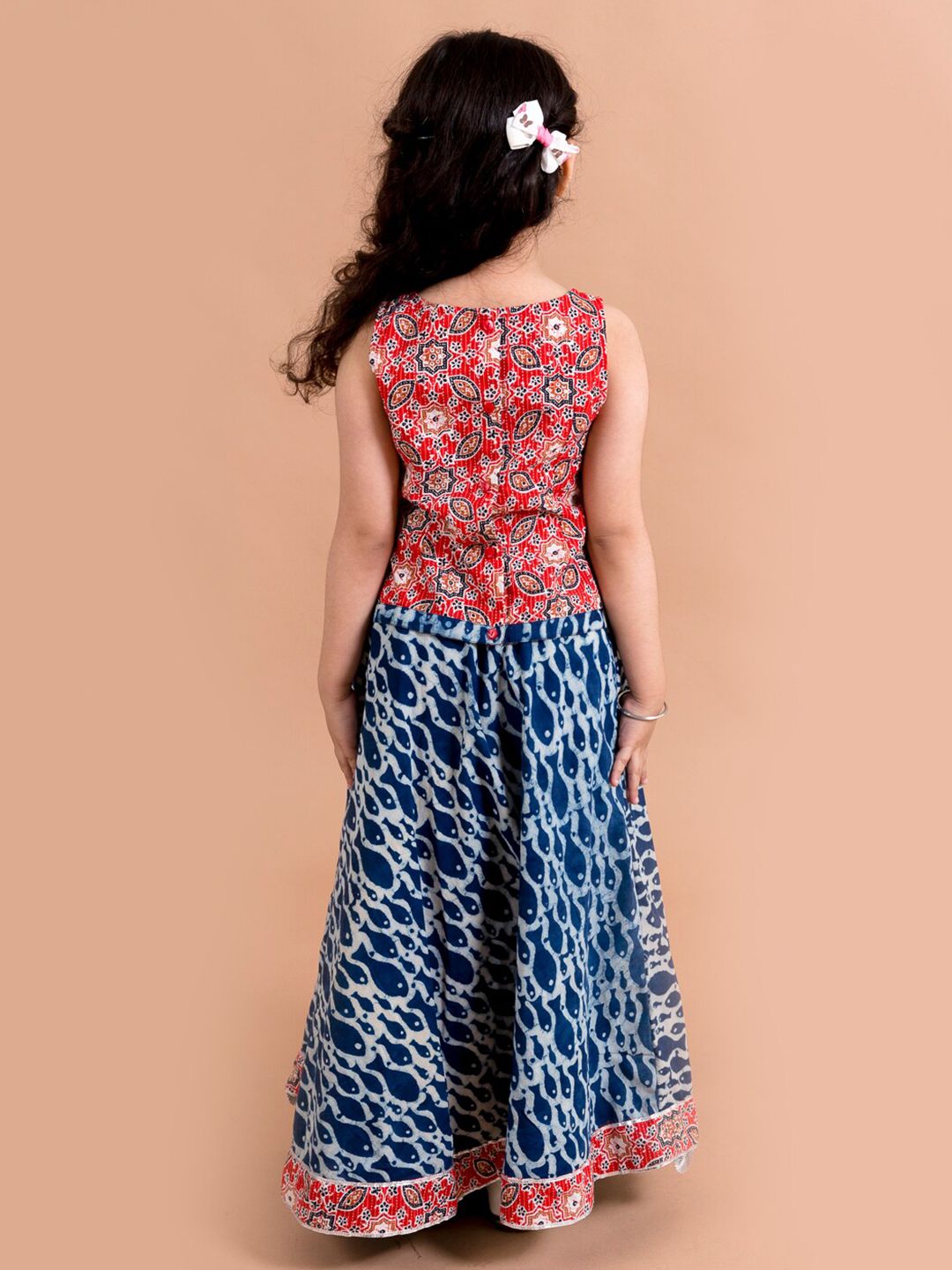 pspeaches Girls Blue & Red Printed Ready to Wear Lehenga &