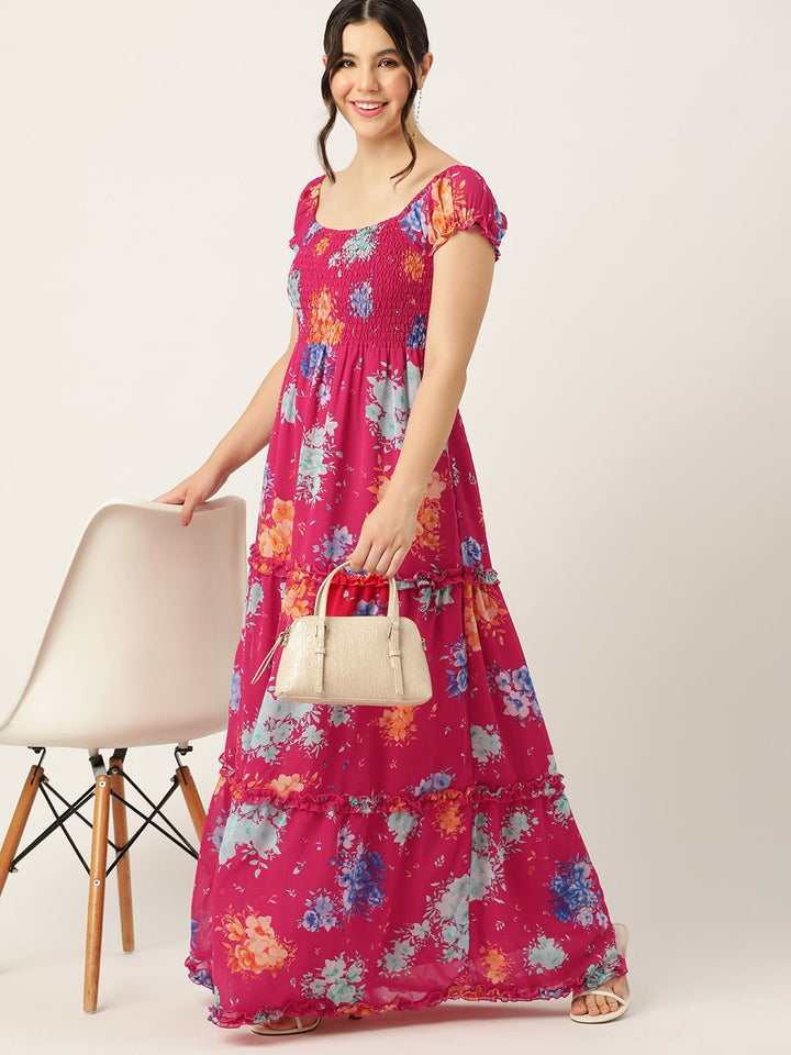 DressBerry Floral Print Smocked Tiered Maxi Dress