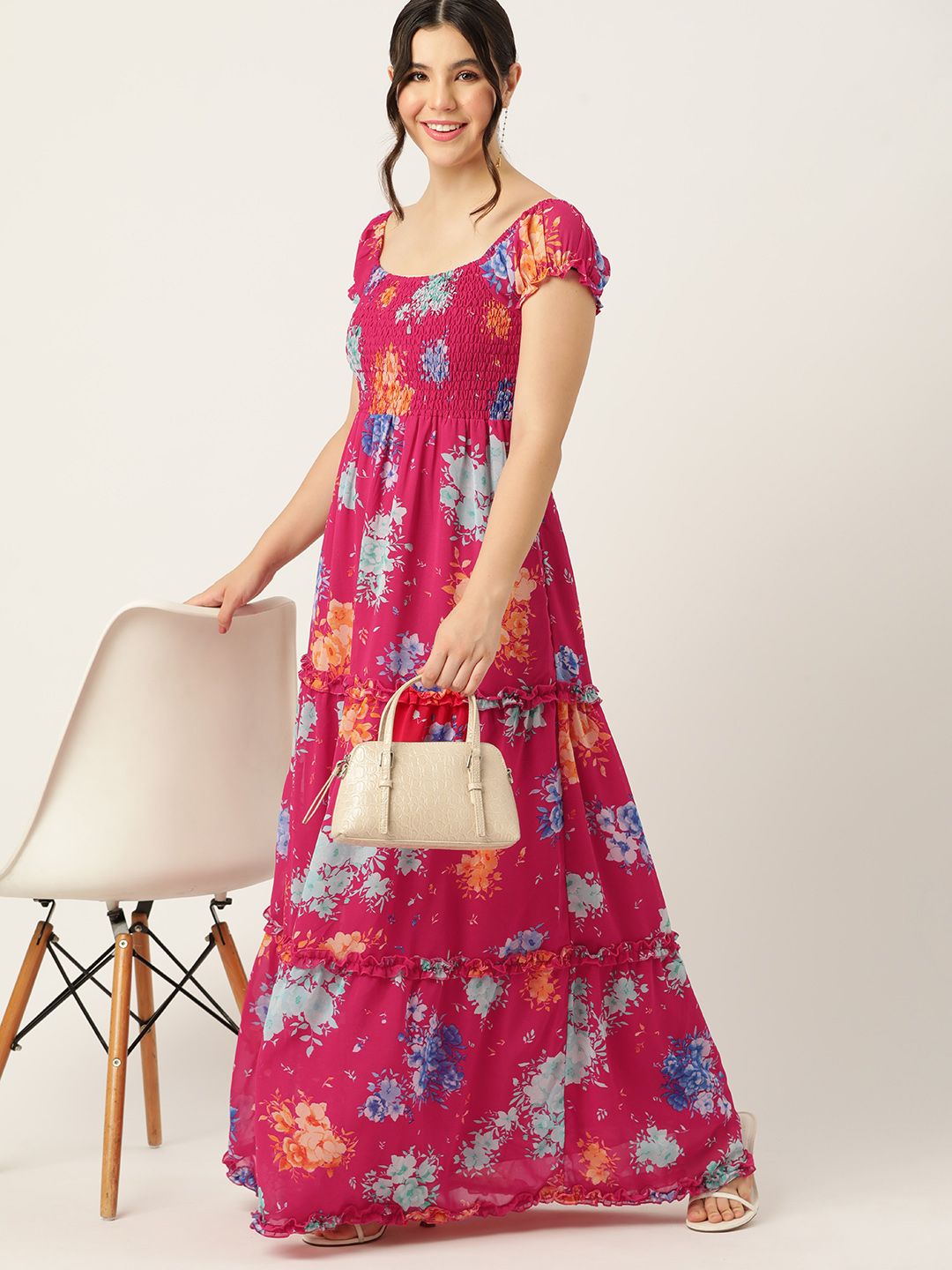 DressBerry Floral Print Smocked Tiered Maxi Dress