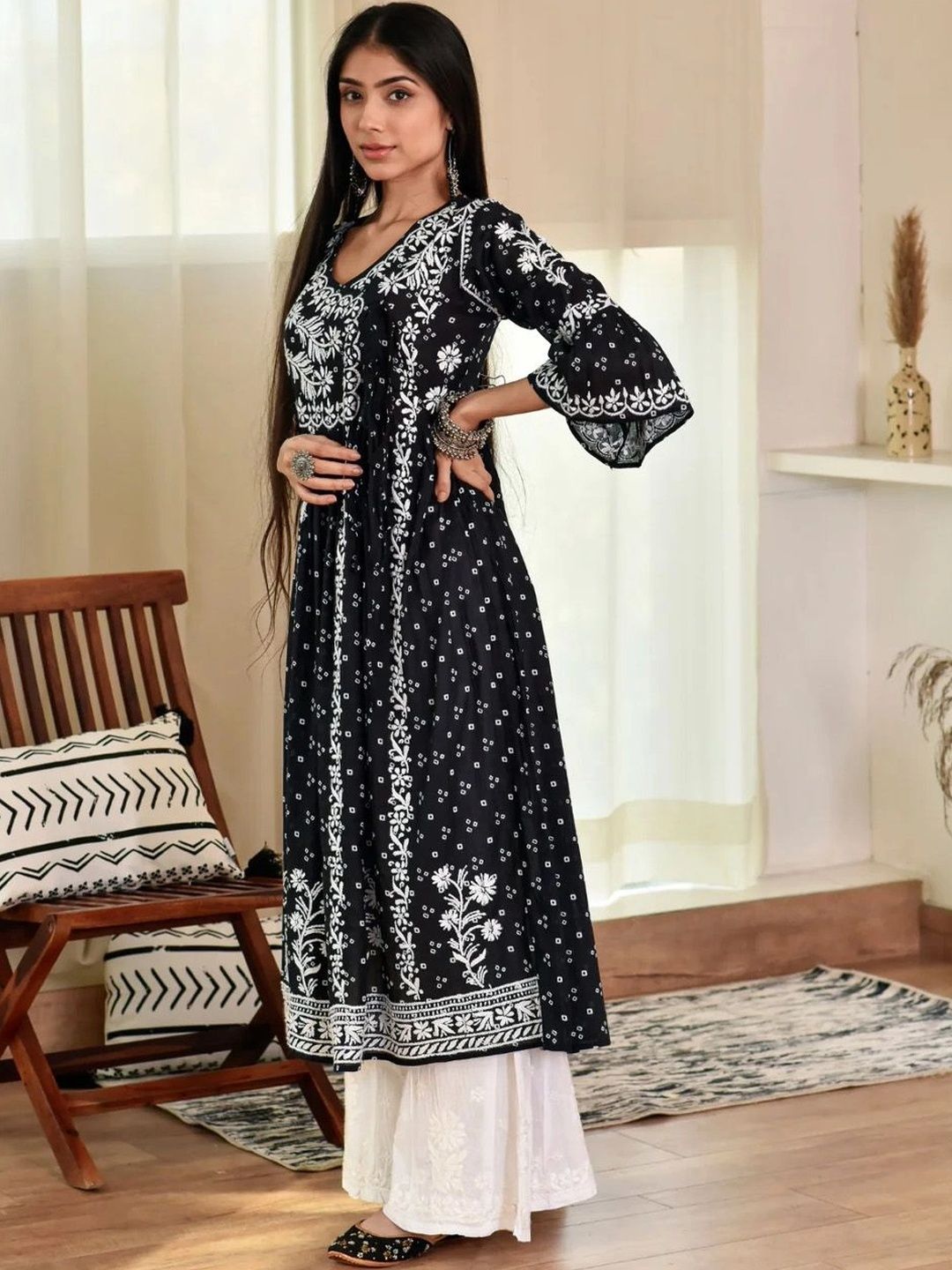 House of Chikankari Women Ethnic Motifs Printed Flared Sleeves Indie Prints Kurta