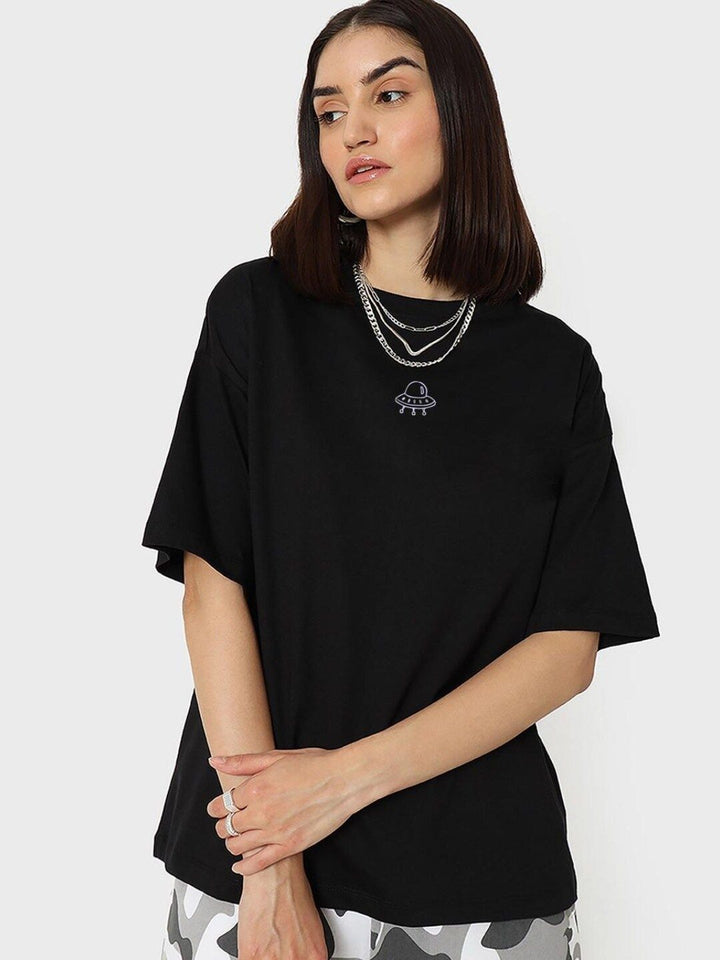 Bewakoof Women Black Drop-Shoulder Sleeves Oversized  100% Cotton T-shirt