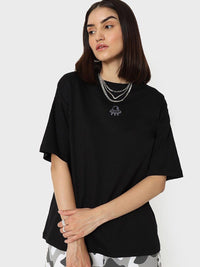 Bewakoof Women Black Drop-Shoulder Sleeves Oversized  100% Cotton T-shirt