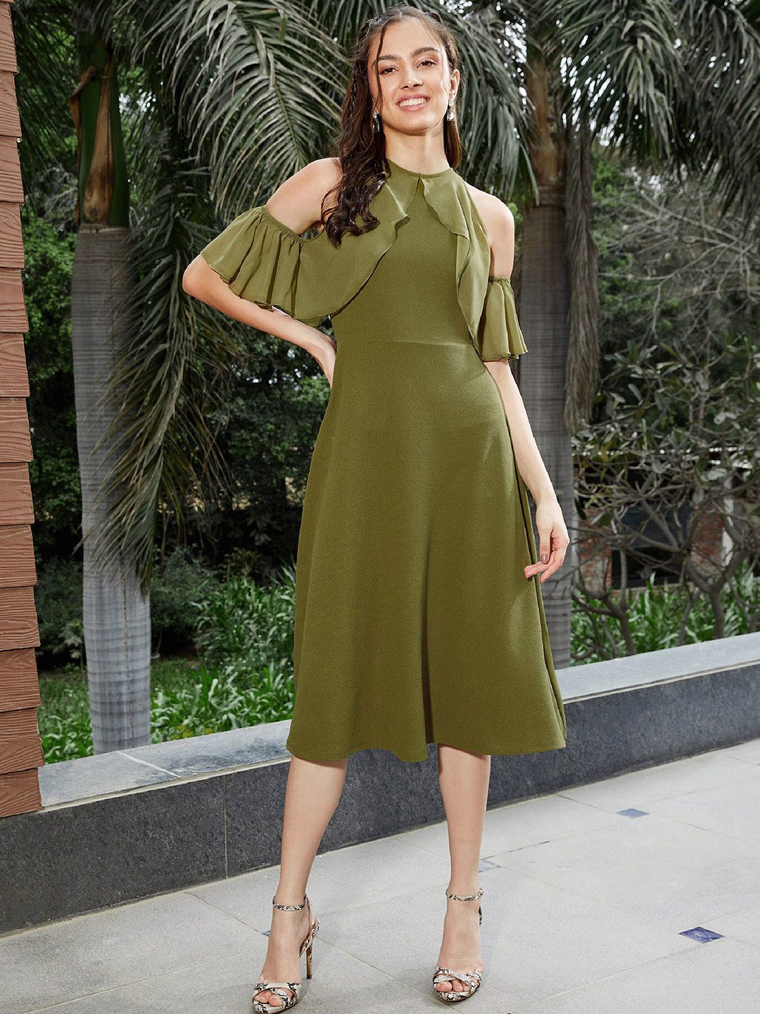 SASSAFRAS Cold-Shoulder Sleeves Ruffles A-Line Dress
