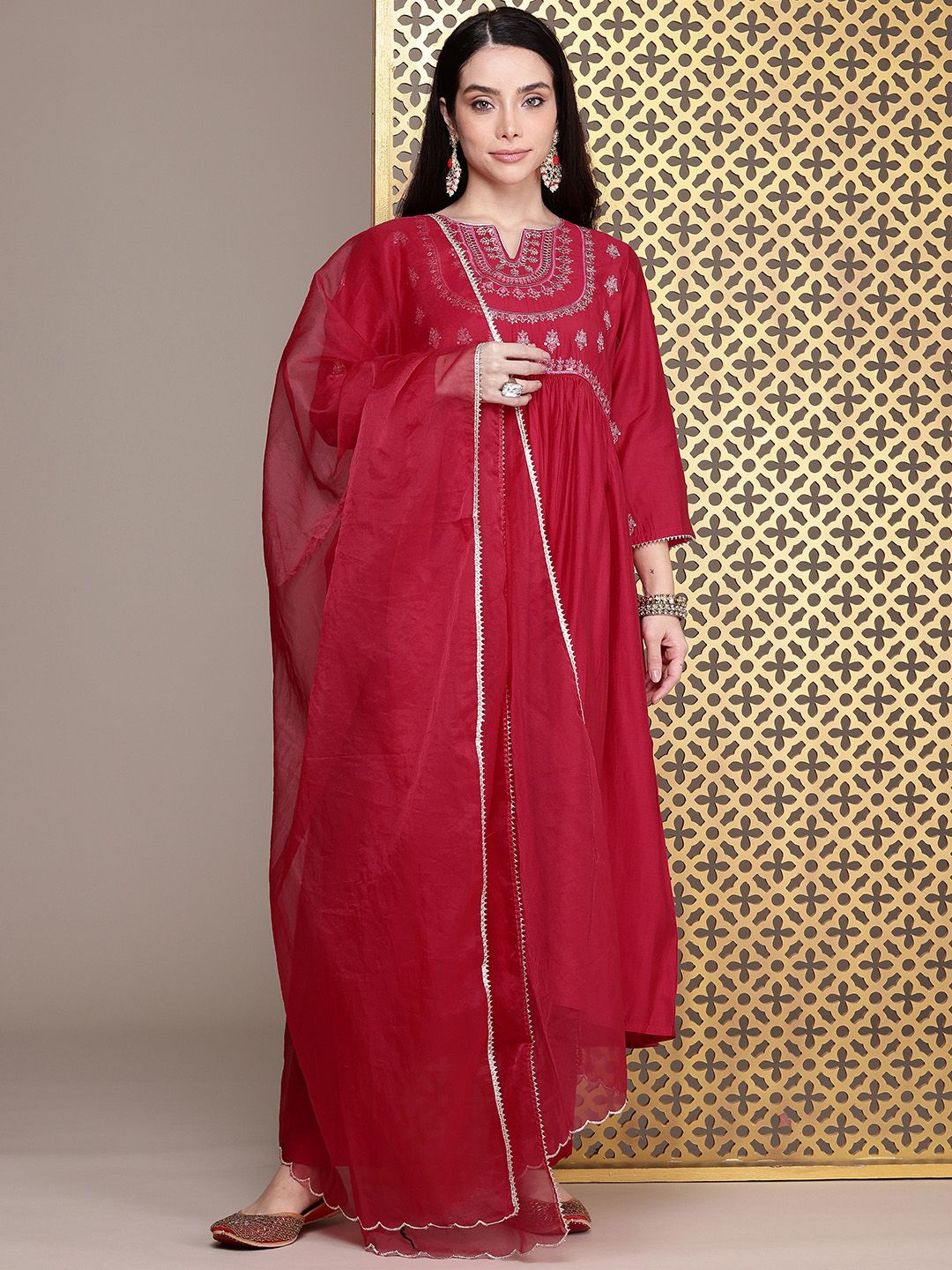 House of Pataudi Jashn Yoke Design Zari Work A-Line Kurta With Trousers & Dupatta