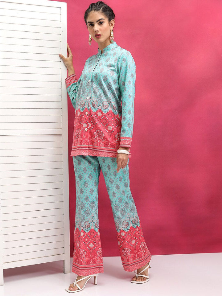 Vishudh Turquoise Blue Printed Mandarin Collar Shirt With Trouser