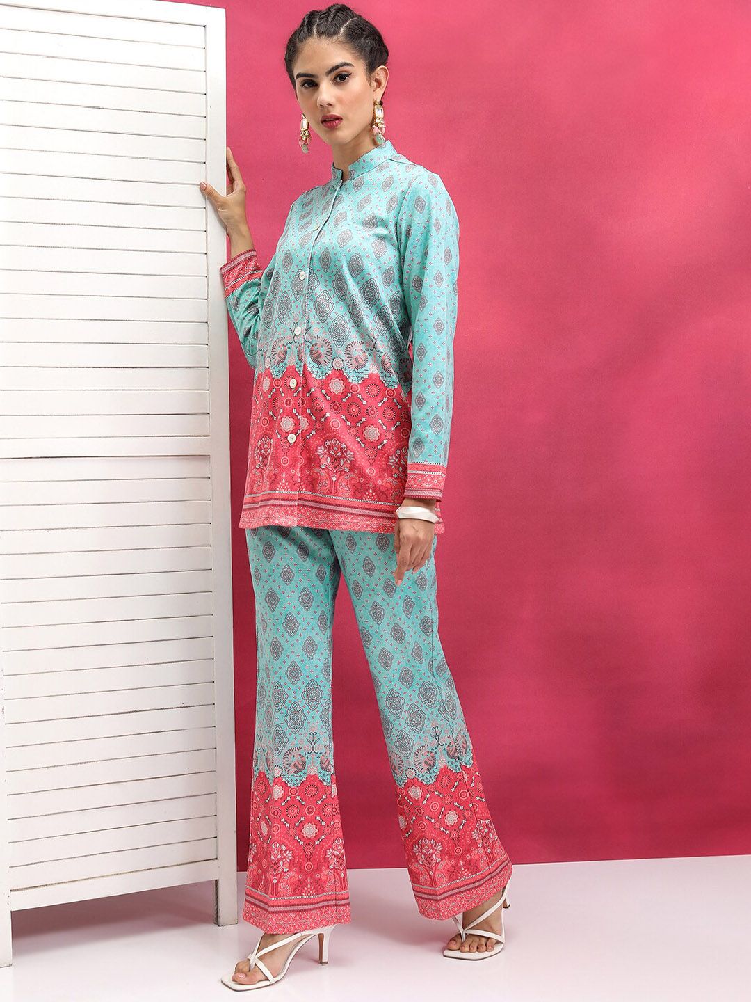 Vishudh Turquoise Blue Printed Mandarin Collar Shirt With Trouser