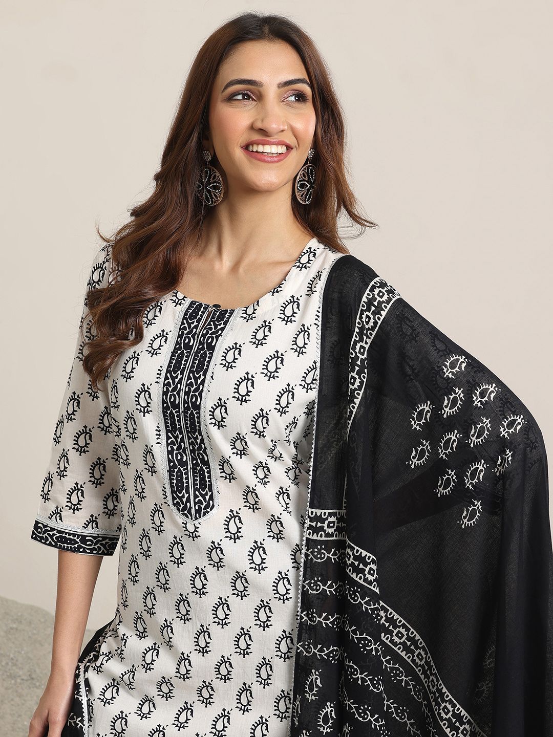 Libas Off White Paisley Printed Keyhole Neck Pure Cotton Kurta With Trousers & Dupatta