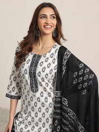 Libas Off White Paisley Printed Keyhole Neck Pure Cotton Kurta With Trousers & Dupatta