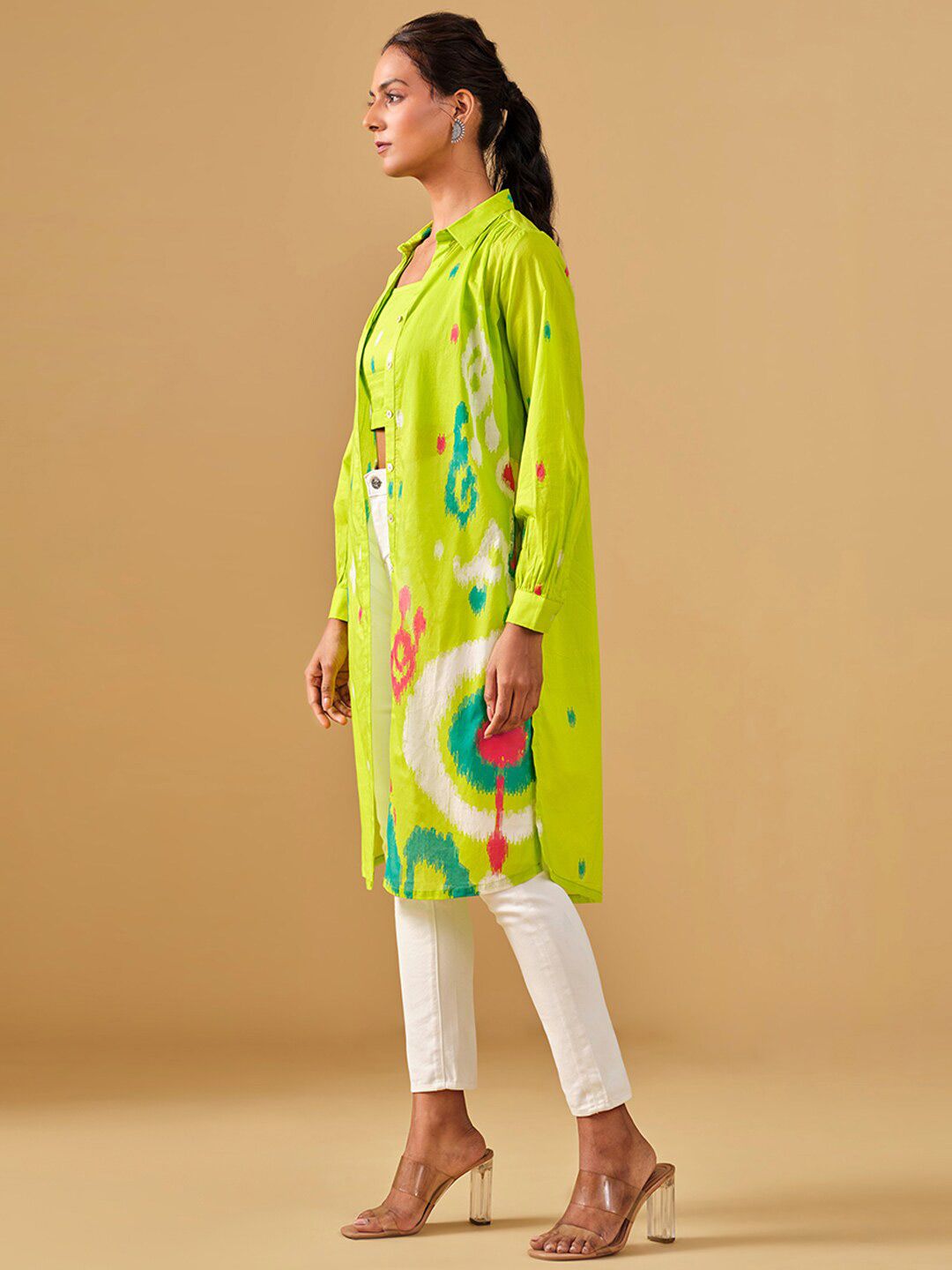 Global Desi Abstract Printed Pure Cotton Crop Top With Jacket