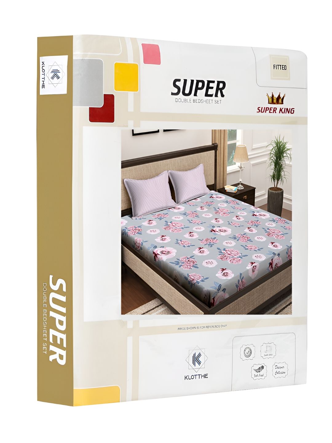 KLOTTHE Grey & Pink Floral Printed 300 TC Double Fitted Cadar Dengan 2 Sarung Bantal
