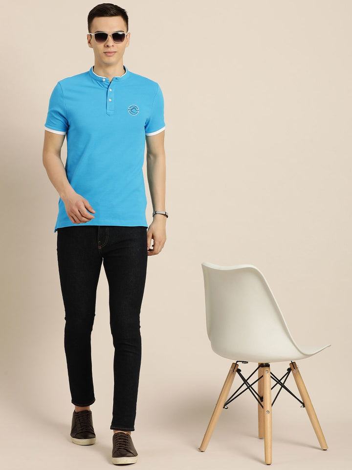 Menjadi T-Shirt Lelaki Mandarin Mandarin Biru T-shirt Slim Cotton Fit dengan Cetakan Logo Jenama
