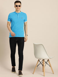 Menjadi T-Shirt Lelaki Mandarin Mandarin Biru T-shirt Slim Cotton Fit dengan Cetakan Logo Jenama