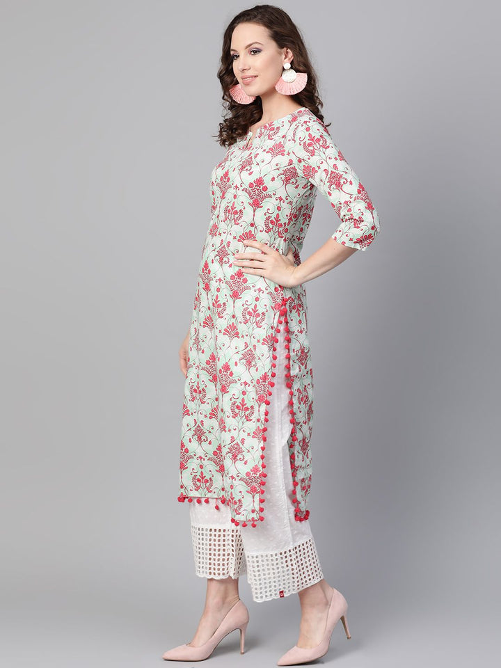 SOJANYA Women Sea Green & Pink Printed Straight Kurta
