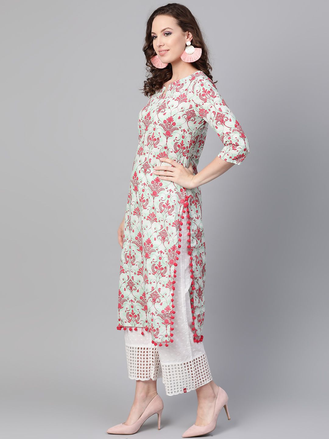 SOJANYA Women Sea Green & Pink Printed Straight Kurta