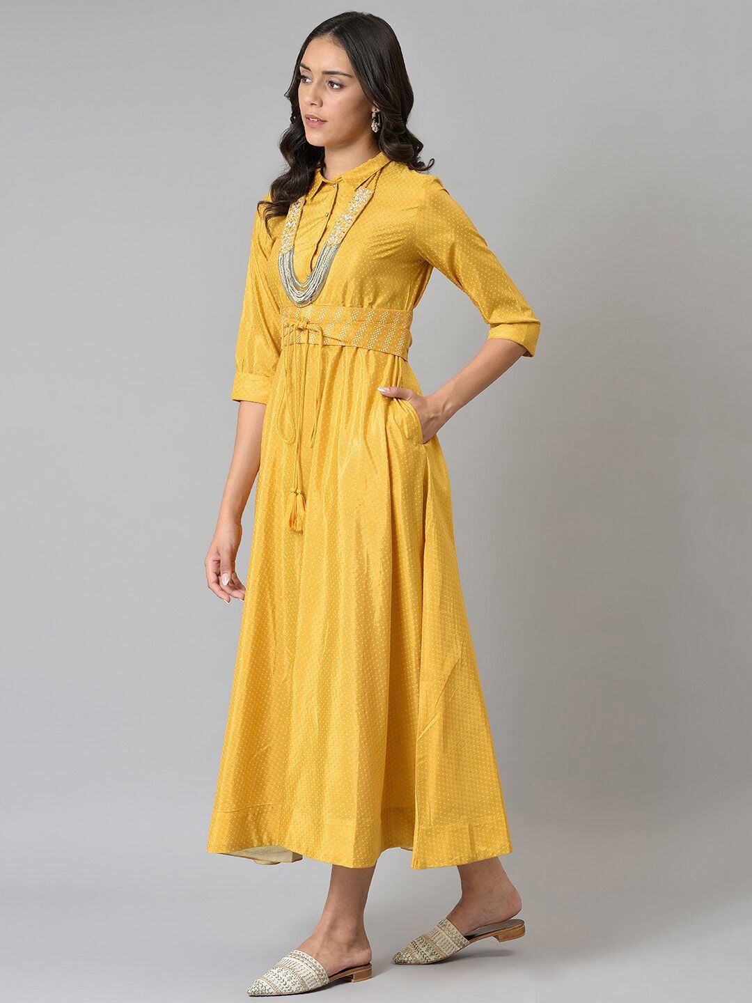 W Yellow Ethnic Motifs Tie-Up Neck Ethnic Midi Dress