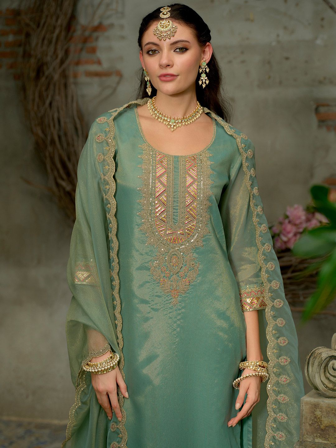 Indo Era Yoke Design Round Neck Kurta With Trousers & Dupatta