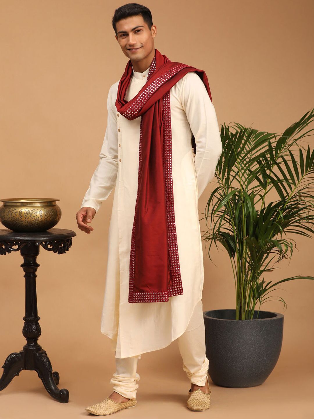 VASTRAMAY Men Asymmetric A-Line Kurta With Churidar & Mirror Work Dupatta