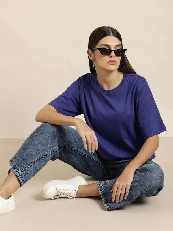 DILLINGER Women Navy Blue Solid Pure Cotton Oversized T-shirt