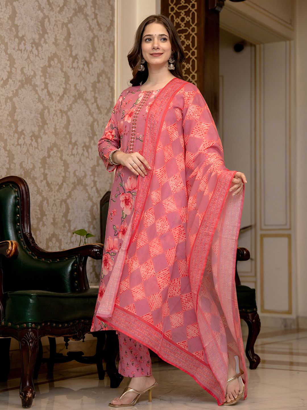 KALINI Floral Printed Mirror Work Straight Kurta With Trousers & Dupatta