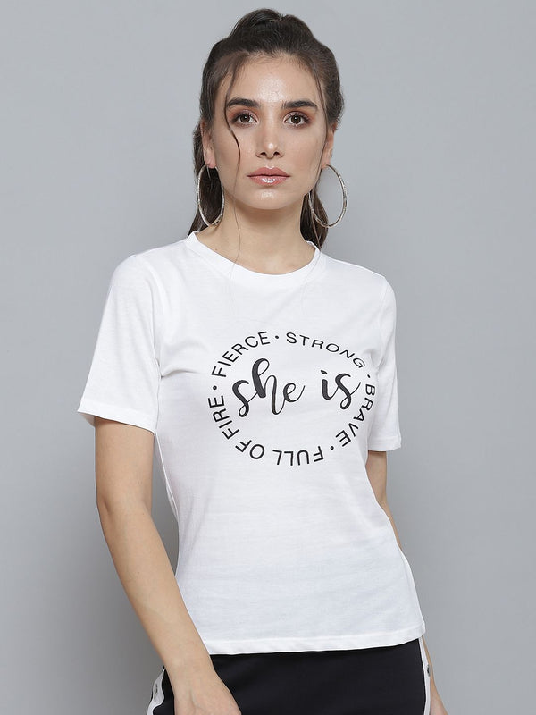 SASSAFRAS Women White Typography Printed Cotton T-shirt