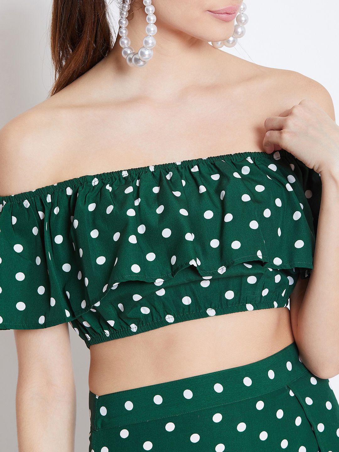 Berrylush Green Polka Dot Print Two-Piece Bardot Dress