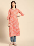 Anouk Women Coral Orange & White Bandhani Printed V-Neck Pure Cotton Straight Kurta