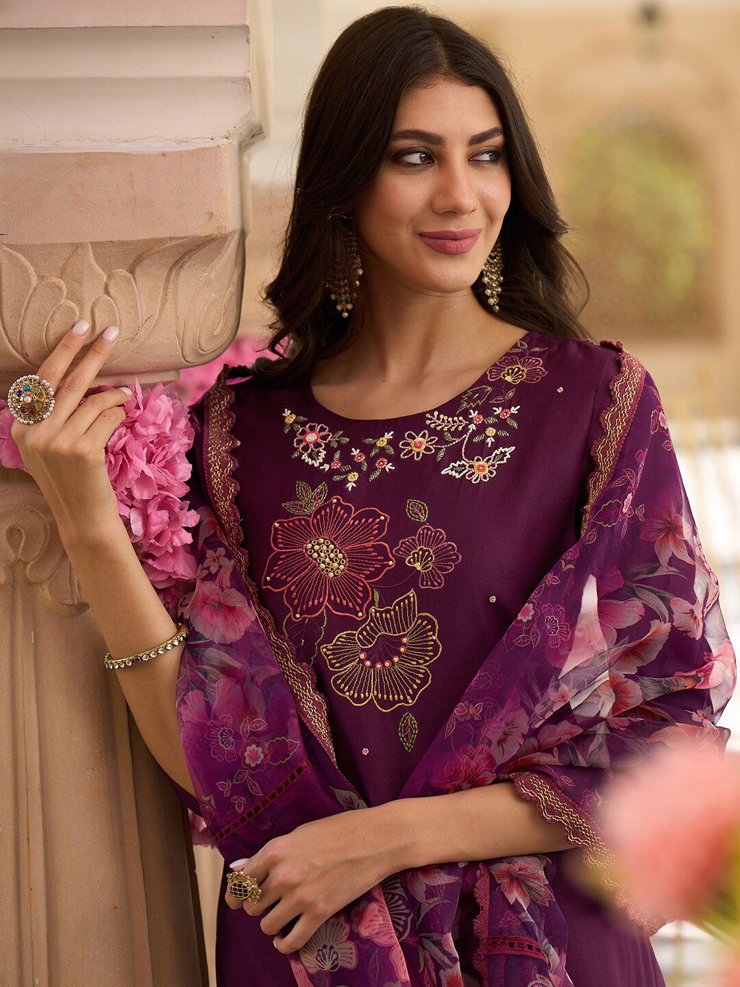 Indo Era Floral Embroidered Regular Thread Work Kurta With Trousers & Dupatta