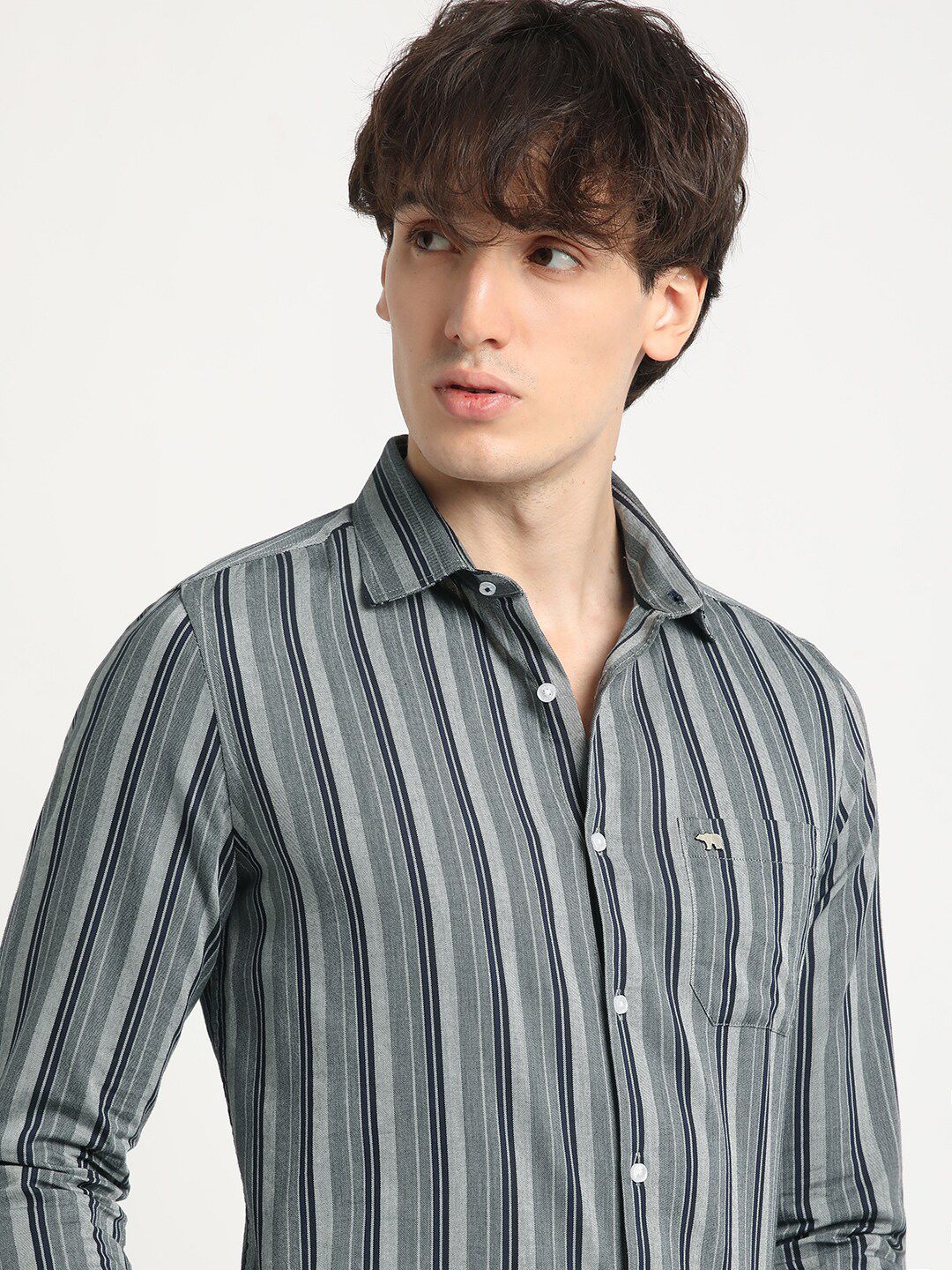 THE BEAR HOUSE Tailored Fit Long Sleeves Spread Collar Cotton Opaque Striped Formal Shirt