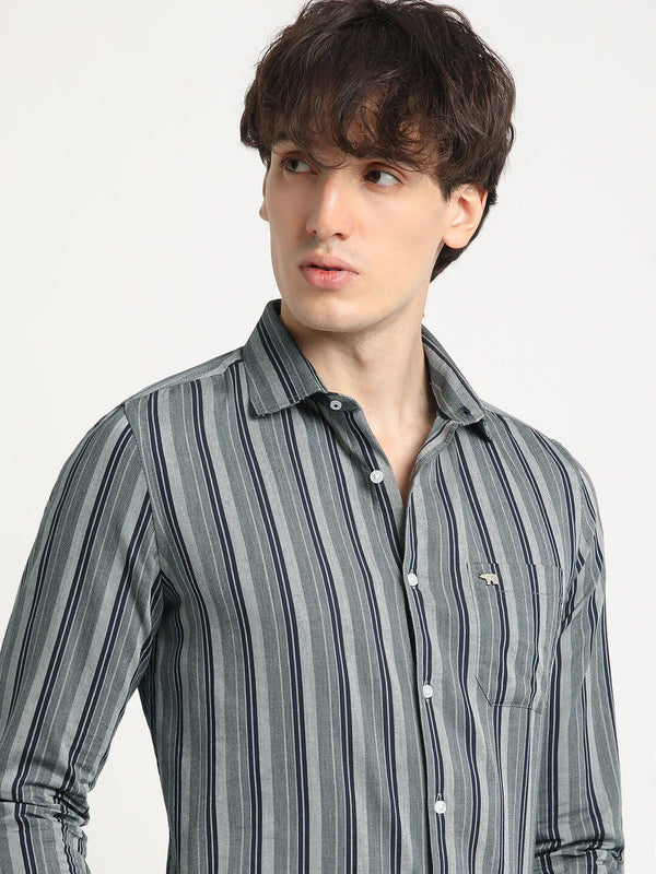 THE BEAR HOUSE Tailored Fit Long Sleeves Spread Collar Cotton Opaque Striped Formal Shirt