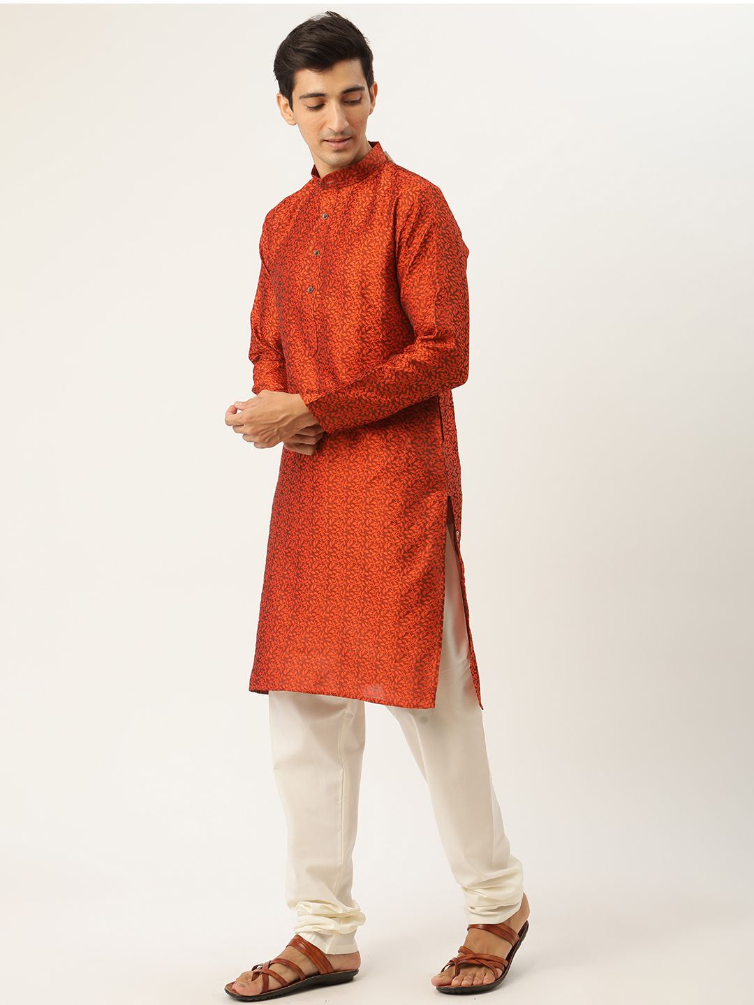 SOJANYA Men Orange & Red Ethnic Motifs Woven Design Kurta with Churidar & Nehru Jacket
