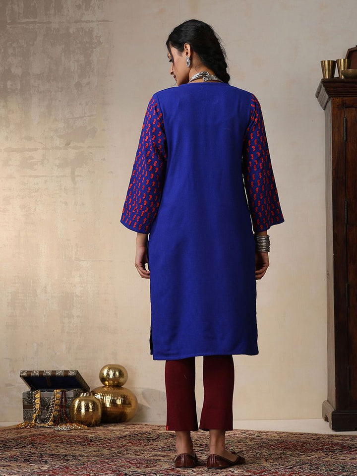 House of Chikankari Women Royal Blue Woollen Aari Embroidered Kurta