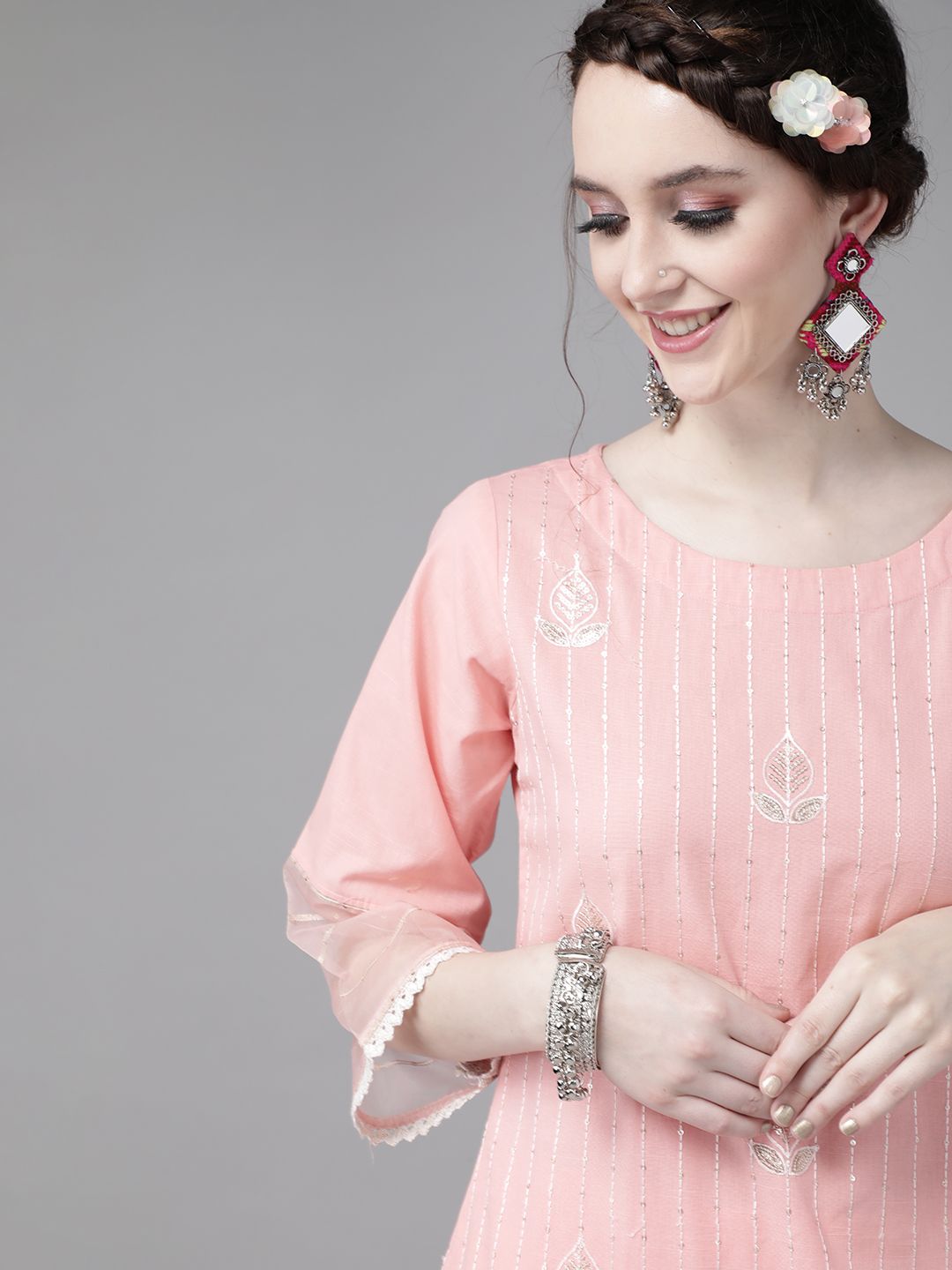 Indo Era Women Pink Pure Cotton Ethnic Motifs Sequinned Kurta with Trousers & Dupatta