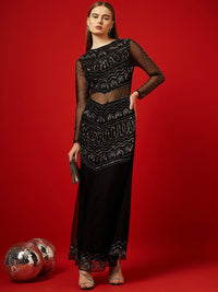 STREET 9 Embellished Sequinned Long Sleeves Net Maxi Dress