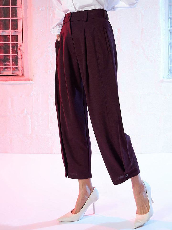 SASSAFRAS Women Burgundy Mid-Rise Pleated Culottes Trousers
