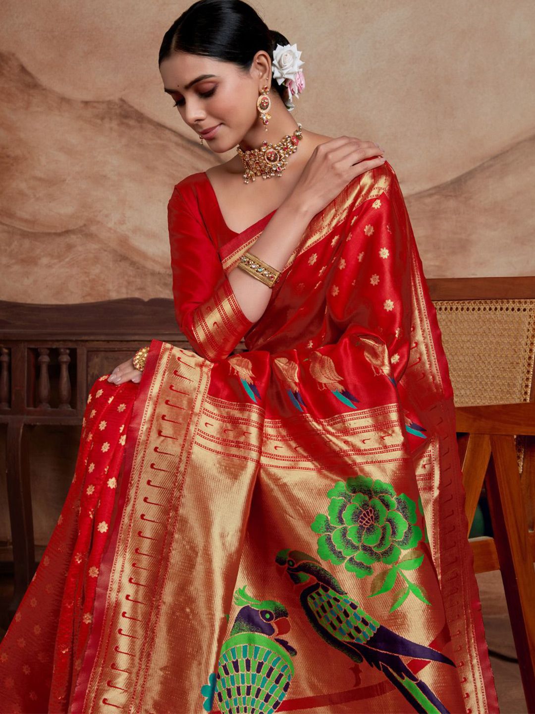 KALINI Ethnic Motifs Silk Blend Woven Paithani Saree with Blouse Piece