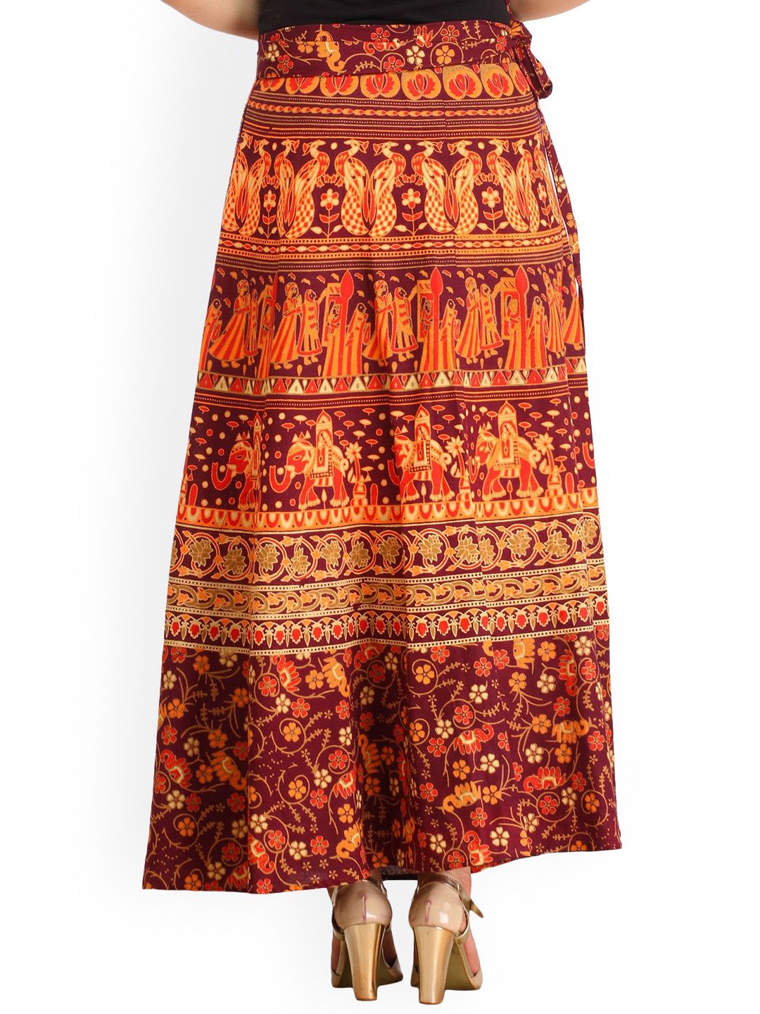 Exotic India Wrap around Long Skirt with Printed Wedding Scenes
