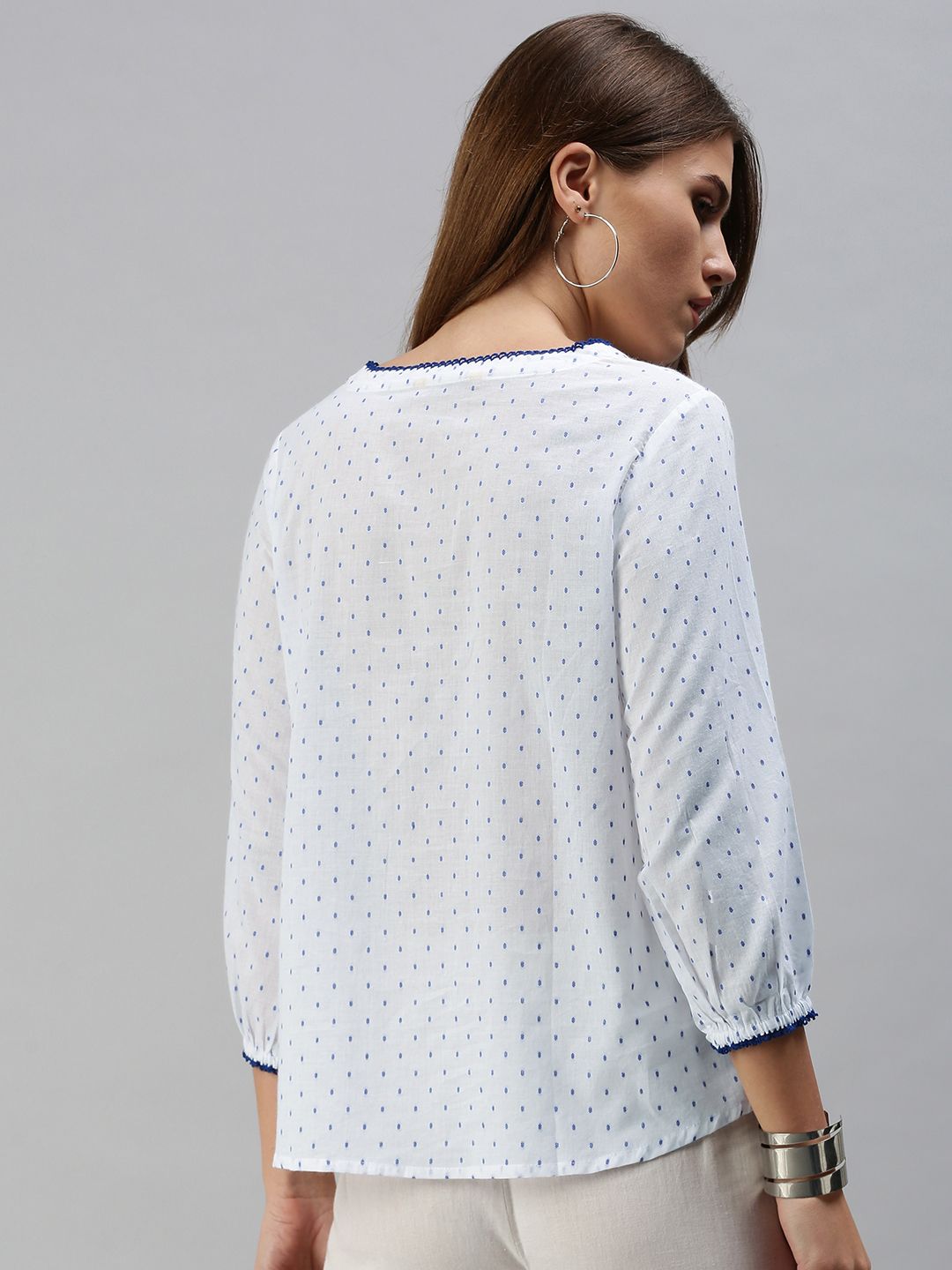 Global Desi White & Blue Embroidered Sqaure Neck Pleated Blouson Top