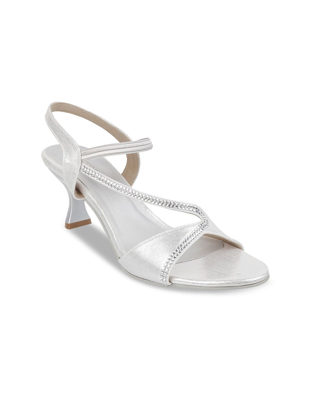 Metro Women Silver-Toned Kitten Heel Sandals
