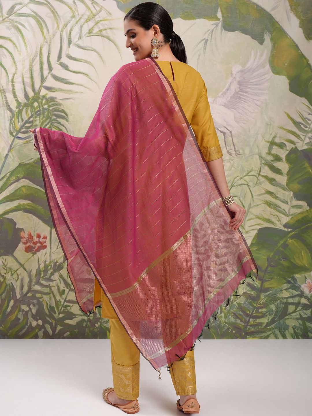 Vishudh Yellow Ethnic Motifs Yoke Design Straight Kurta With Trousers & Dupatta