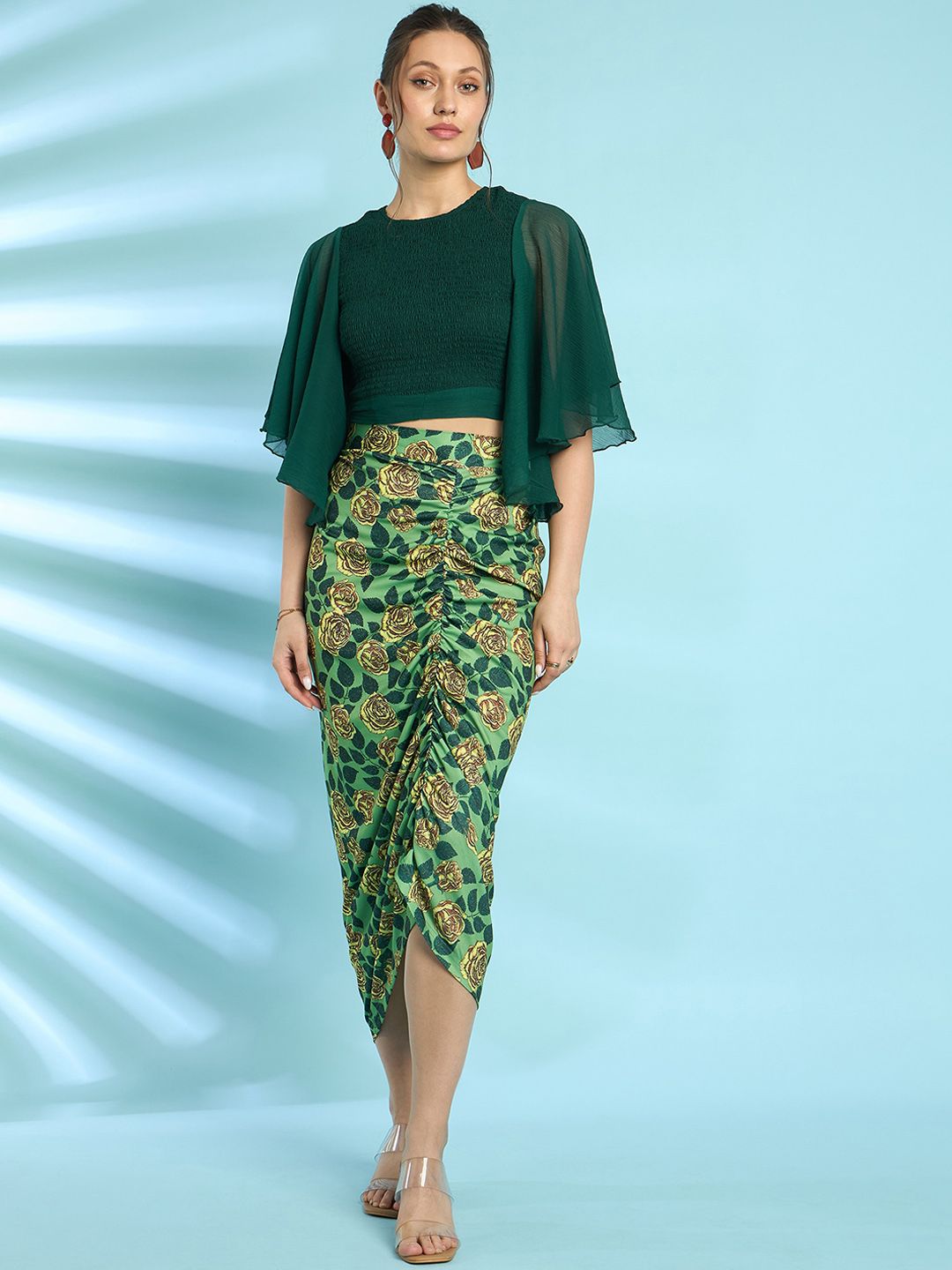 Antheaa Green Flared Sleeves Smocked Crop Top With Skirt