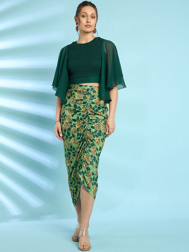 Antheaa Green Flared Sleeves Smocked Crop Top With Skirt