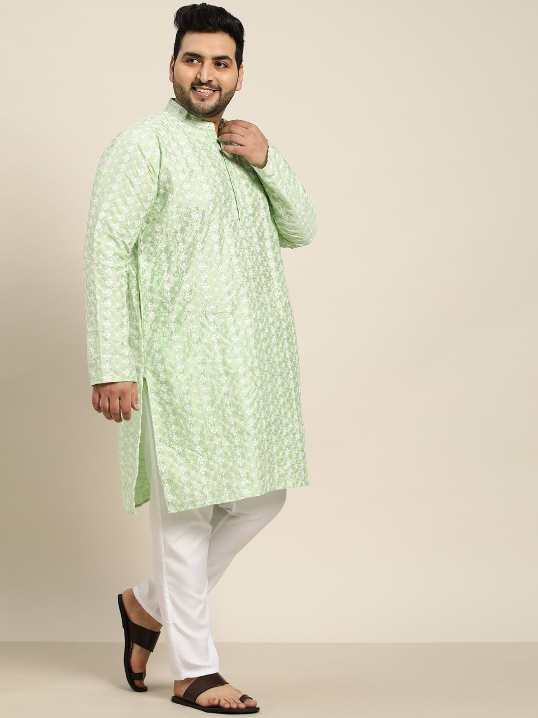 SOJANYA PLUS Men Sea Green Chikankari Embroidered Kurta with Churidar & Nehru Jacket
