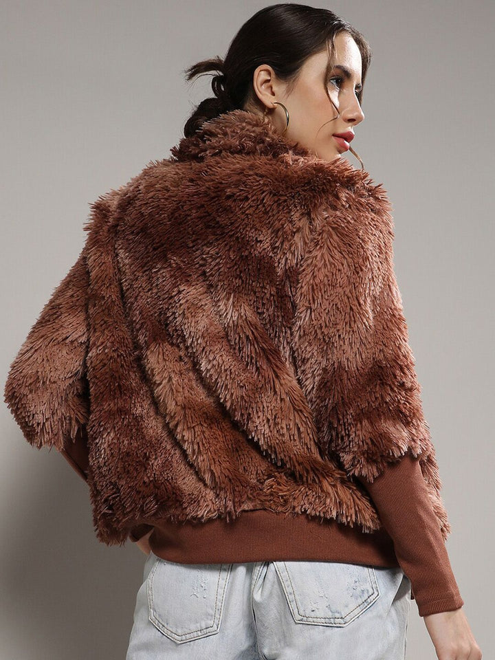 Campus Sutra Brown Mock Collar Windcheater Faux Fur Tailored Jacket