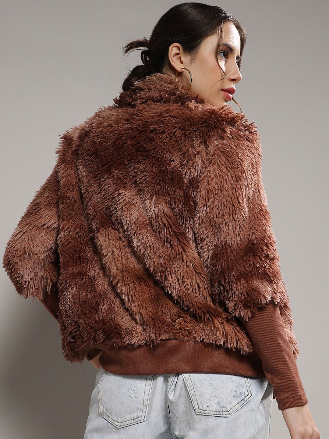 Campus Sutra Brown Mock Collar Windcheater Faux Fur Tailored Jacket