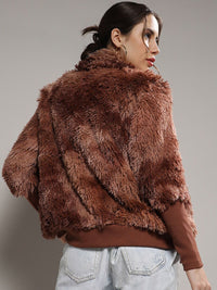 Campus Sutra Brown Mock Collar Windcheater Faux Fur Tailored Jacket